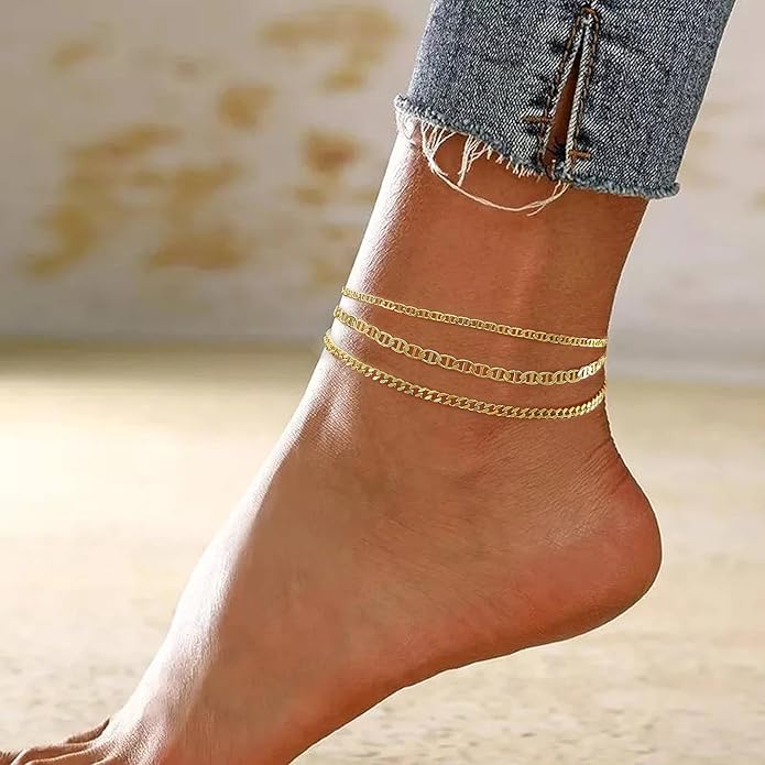 MIDEEO Gold/Silver Ankle Bracelets for Women,14K Gold Anklets for Women Waterproof Cuban Link Heart Beads Herringbone Rhinestone Anklets Set Layered Anklet Bracelets for Women Gold Jewelry Gift