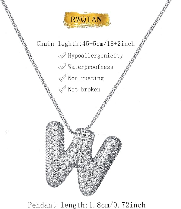 RWQIAN Letter Necklace for Women Bubble, Chunky Initial Alphabet A-Z Pendant Puffy Name Personalized Necklace Dainty Zircon CZ Fashion Jewelry Gifts for Girls Girlfriend