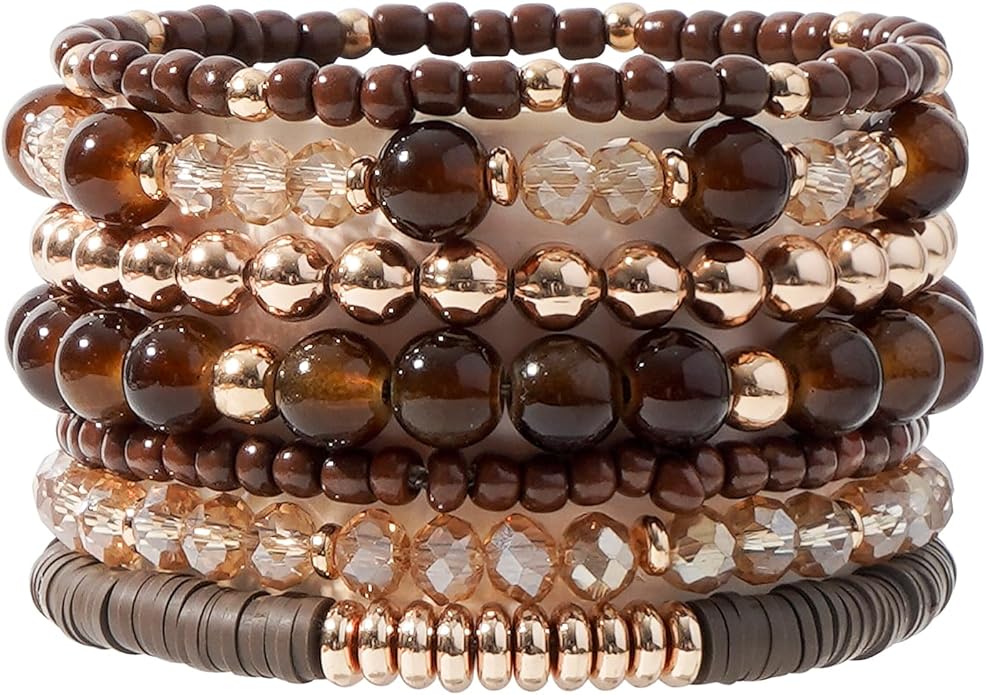 GOOJIDS Surfer Heishi Clay Bead Bracelets for Women Bohemian Stackable Gold Plated Beaded Stretch Bracelets Elastic Layering Friendship Bracelets Set Boho Jewelry