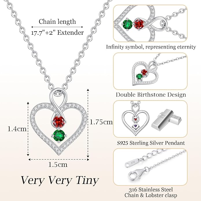 LOUISA SECRET Infinity Double Birthstone Necklace, 925 Sterling Silver Tiny Pendant Heart Necklace for Women Wife Her, Best Jewelry Gift Heart Jewelry Meaningful Gift for Valentine's Day, Christmas, Birthday Anniversary