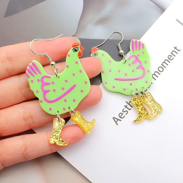 Acrylic Boot Big Chicken Earrings,Funny Colorful Boots Chicken Drop Dangle Earrings,Cock Hen Foot Chicken Earrings for Women Farm Design Lovely Gift