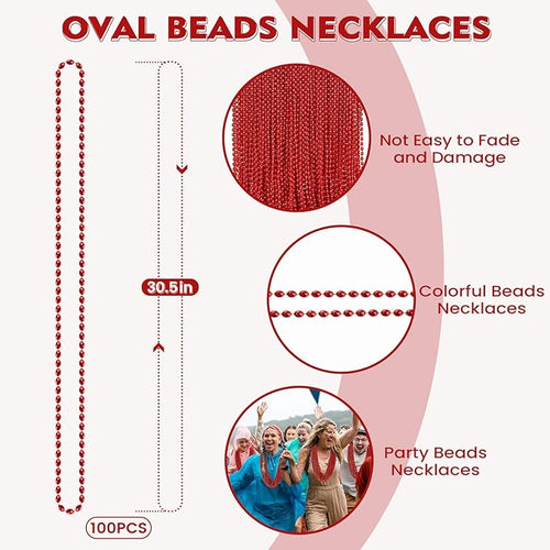 100 PCS Red Mardi Gras Beads, Red Oval Beads Necklaces Christmas Necklaces 30.5" Metallic Beaded Costume Necklaces Party Necklaces for Valentines Christmas Parade Throws Wedding Birthday Party Favors