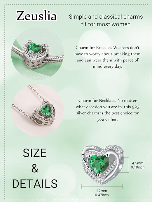 Heart Birthstone Charms for Bracelets, 925 Sterling Silver Women Bead Charms for Charm Bracelets Necklace, Mother's Day Birthday Anniversary Jewelry Gifts for Wife Mom Grandma Daughter