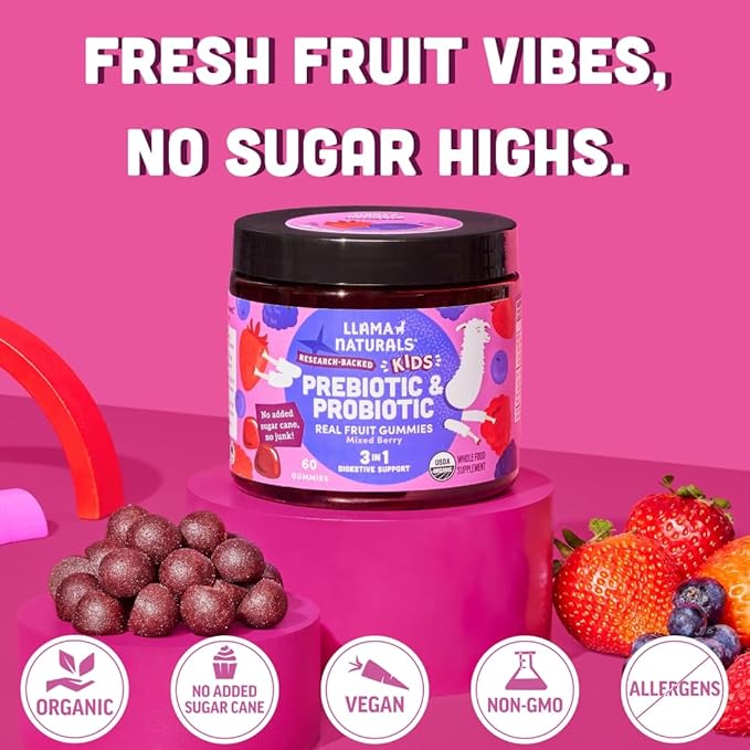 Llama Naturals Kids Probiotic with Prebiotic Fiber, Vegan, Organic Prebiotics and Probiotics Gummies for Gut Health Support, Toddler Real Fruit Gummy Vitamins, No Added Sugar Cane, Mixed Berry, 120 Ct