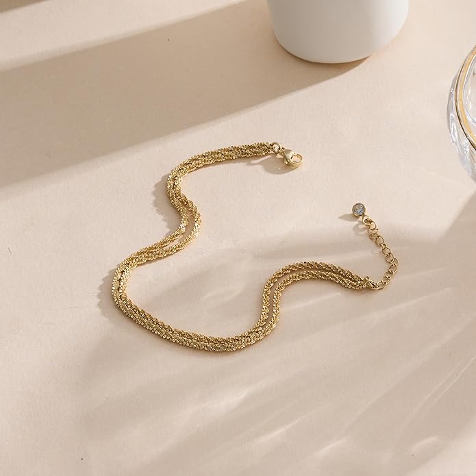 Ankle Bracelets for Women, Glitter Waterproof Adjustable Anklet for Women, 14K Gold Plated/Sterling Silver Layered Anklets, Summer Beach Anklet Jewelry for Women Gift