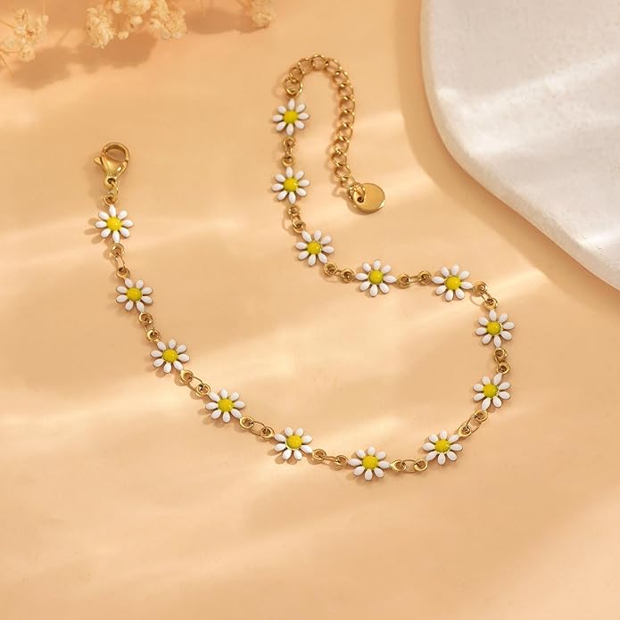 Anklets for Women Dainty CZ Ankle Bracelet 18K Gold Plated Waterproof Boho Dot Star Moon Daisy Ocean Beaded Anklet Trendy Foot Jewelry