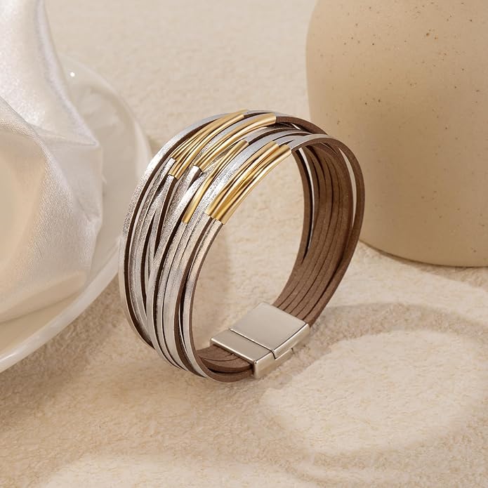 Wrapped Bracelets for Women,Leather Bracelet,Boho Bracelets for Women,Multi-Layer Pearl Crystal Bracelet Bangle Jewelry