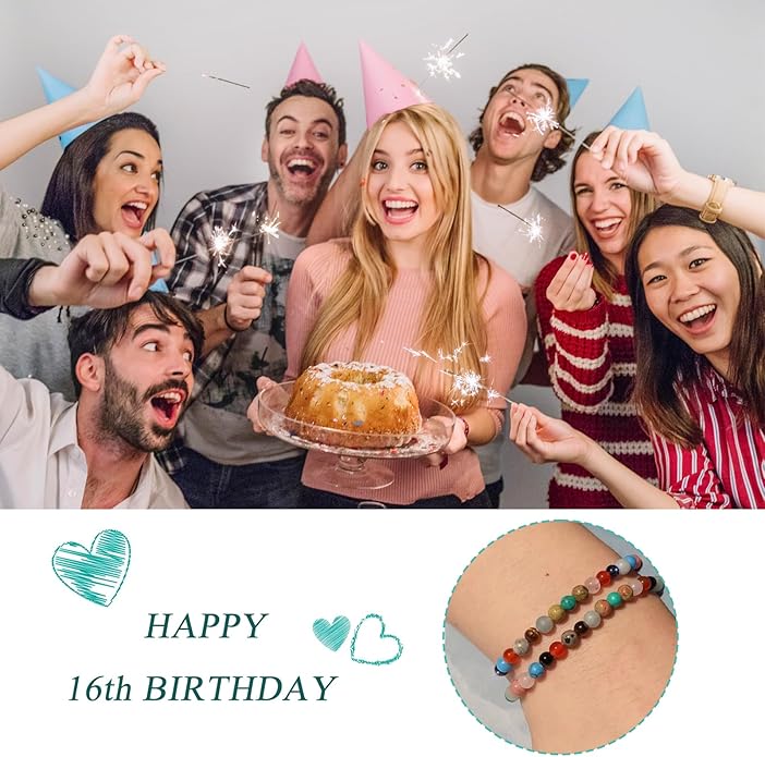 Birthday Gift for 9-16 Year Old, Small Natural Stone Beaded Bracelet Adjustable Heart Charm Bracelet for Daughter Granddaughter Sister Niece Friend on Birthday Graduation with Message Card Gift Box