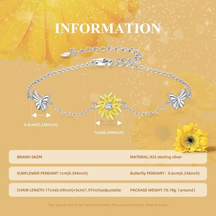 SNZM Bracelets for Women-925 Sterling Silver Sunflower Bracelet Chain Adjustable Heart Charm Link Birthday Sunflower Jewelry Gifts for Women/Daughter/Girlfriend