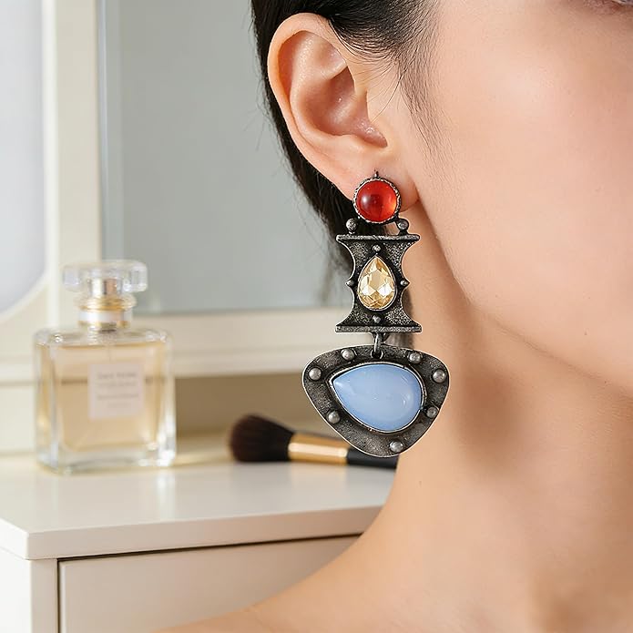 Multi-Color Gemstone Drop Earrings, Dangle Style, Hook Design