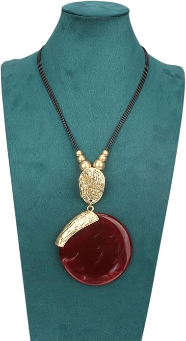 GelConnie Leather Necklace for Women Large Pendant Long Brown Necklace Circle Leather Choker Vintage Sweater Necklace Gold Chunky Boho Necklaces for Women