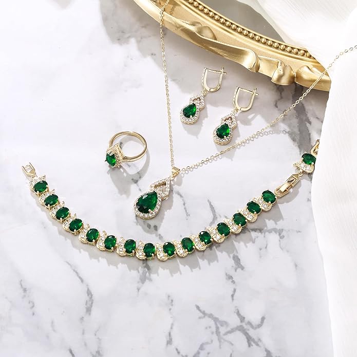 BriLove Wedding Jewelry Set for Women Bride Bridesmaid, Gorgeous Cubic Zirconia Teardrop Necklace Earrings Bracelet Adjustable Ring Jewelry Gift for Birthday/Anniversary/Mother’s Day
