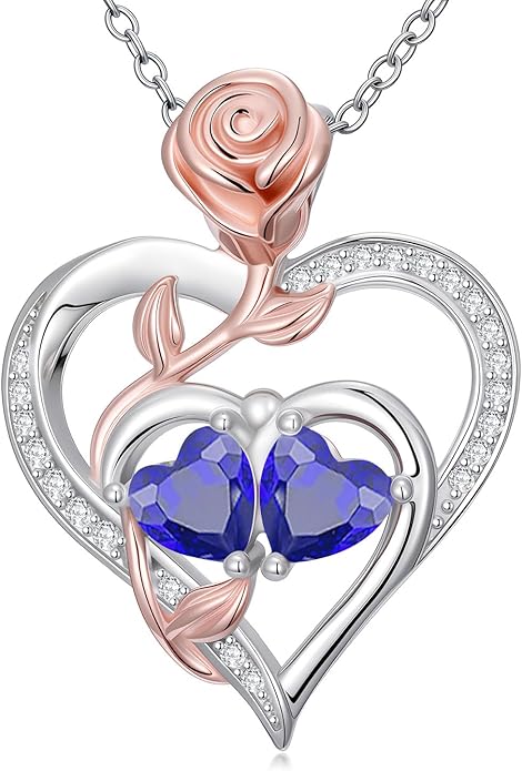 Rose Flower Heart Pendant for Women Birthday Gifts 18k Gold Plated Mother Daughter Necklace with 12 Months Birthstone Christmas Valentines Day Gifts for Her Mom Anniversarry Jewelry for Mom Wife Girlfriend