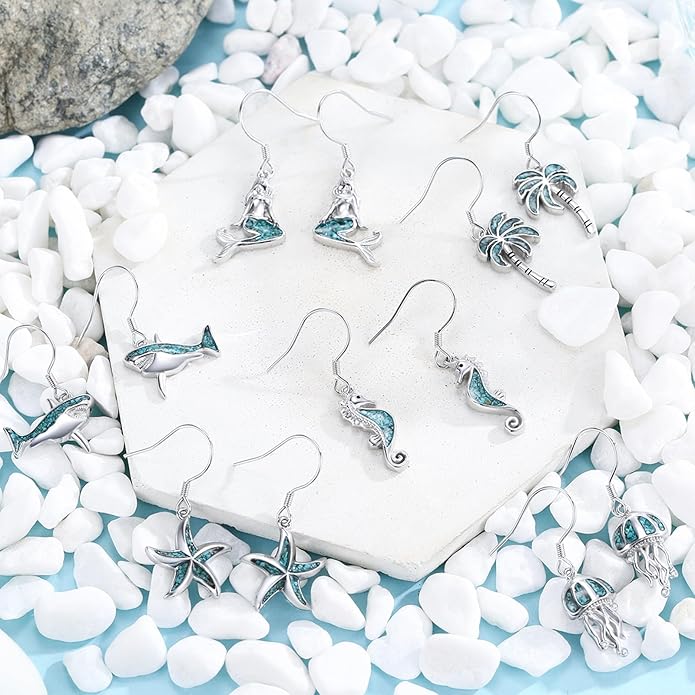 Ocean Earrings 925 Sterling Silver Turquoise Sea Animal Dangle Drop Earrings Beach Themed Jewelry Gifts for Women Girls