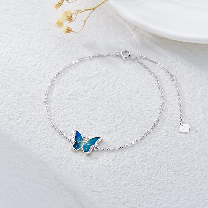 SISGEM 14k Gold Diamond Blue Butterfly Anklet for Women, 14 Karat Gold Ankle Bracelet Jewelry Gifts for Her (0.12 ct, 9.4-11 Inch)