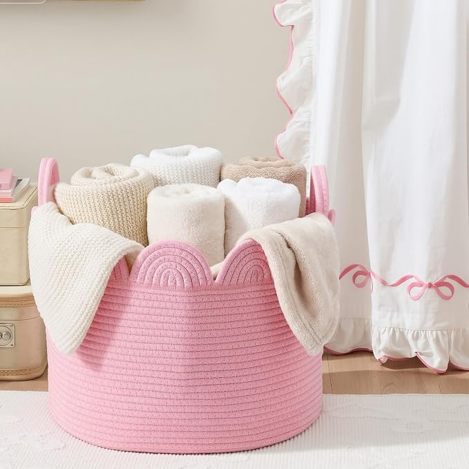 LemonRoad Round Woven Basket Pink, Cotton Rope Scalloped Edge Tassels, Nursery - Image 5