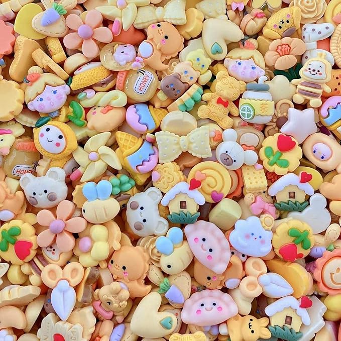 100pcs Cute Slime Charms Mixed Set Resin Flatback for DIY Craft Making and Ornament Scrapbooking Beads Assorted Candy Fruit Cake Christmas Gifts Trellis Resin Ornament Kit Making Supplies