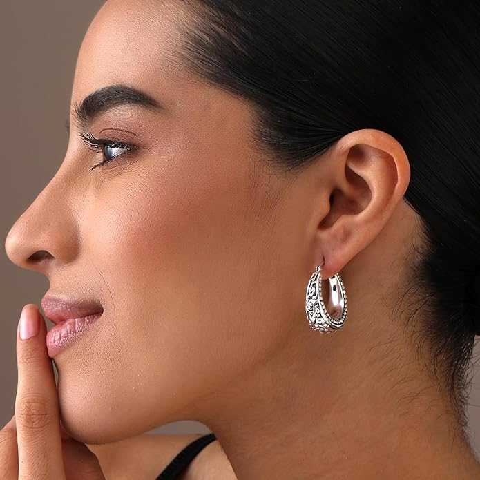 LeCalla 925 Sterling Silver Bali-Style Hoop Earrings Lightweight Click-Top Antique Two-Tone Beaded Italian Bali Style Earring Hoops for Women