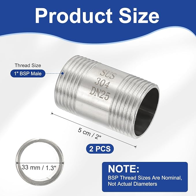 PATIKIL 304 Stainless Steel Pipe Fitting, 2 Pack 1" BSP Male x 1" BSP Male - Image 2