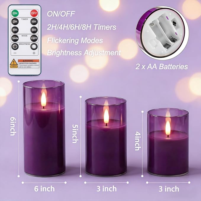 Homemory Purple Glass Flameless Candles, Real Wax, Remote Timer, 3 Pack | - Image 9