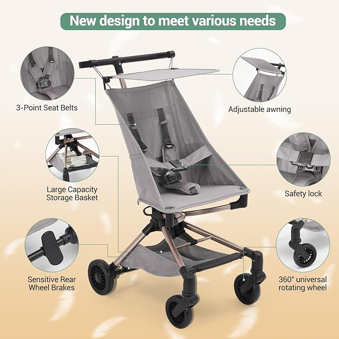 Lightweight Baby Travel Stroller – Compact & Airplane-Friendly Design, One-Hand Fold, 8.4 Lbs Carbon Fiber Frame, Breathable Fabric, Overhead Luggage Compatible, Perfect Infant & Toddler Stroller,Grey