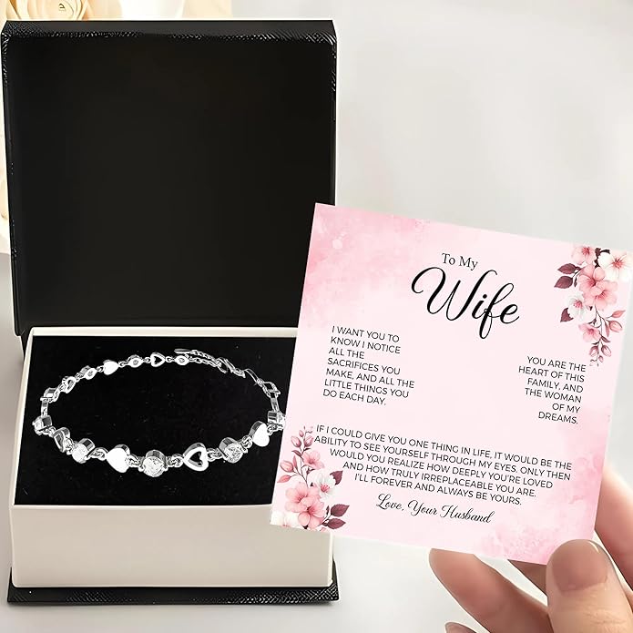 “To My Wife Heart Bracelet – Crystal Heart Link Jewelry Gift with Message Card”.