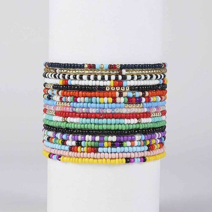 XIJIN 18 Pieces Elastic Beaded Anklets for Women Handmade Beach Boho Colorful Beads Ankle Bracelets Set