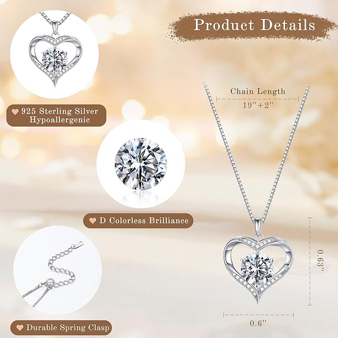 MOOSEA Valentines Day Gifts for Her, 1-3ct 925 Sterling Silver Anniversary Birthday Gifts for Women Wife Girlfriend Jewelry Moissanite Necklace