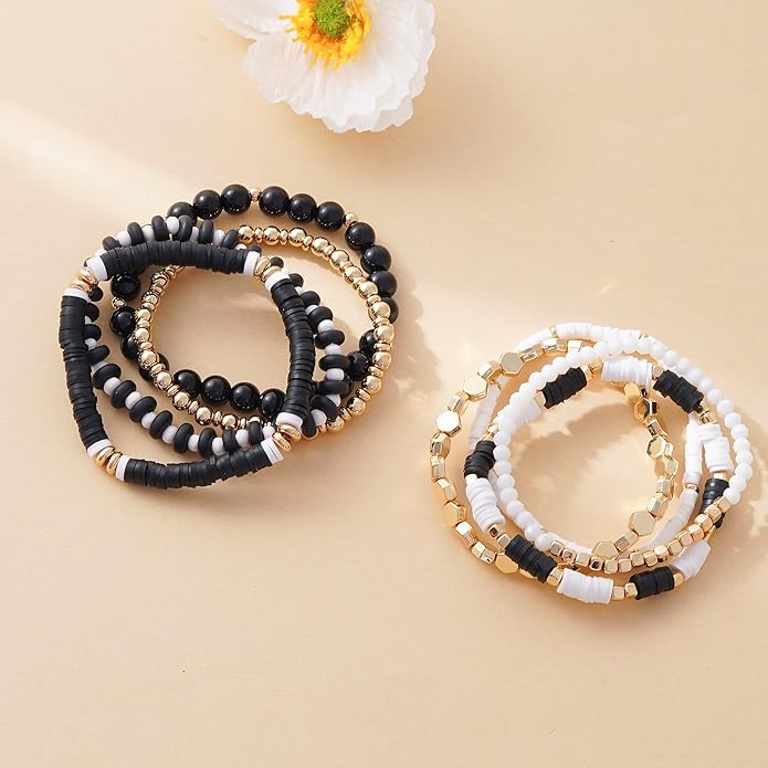 GOOJIDS Surfer Heishi Clay Bead Bracelets for Women Bohemian Stackable Gold Plated Beaded Stretch Bracelets Elastic Layering Friendship Bracelets Set Boho Jewelry