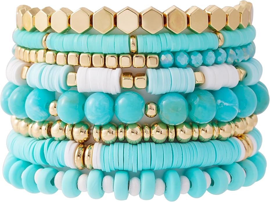 GOOJIDS Surfer Heishi Clay Bead Bracelets for Women Bohemian Stackable Gold Plated Beaded Stretch Bracelets Elastic Layering Friendship Bracelets Set Boho Jewelry