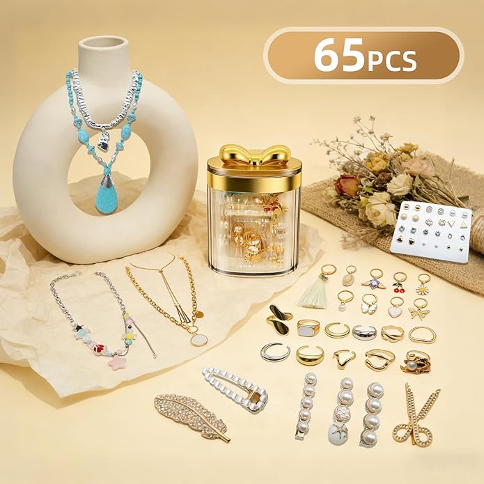 65-Piece Dainty Gold Mystery Jewelry Jar for Women, Multi-Style Gift Set with Earrings, Rings, Bracelets, Necklaces & Hair Clips – Unique Birthday Gift for Women Who Have Everything