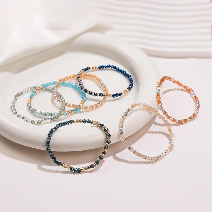 30Pcs Boho Beaded Bracelets for Women Colorful Stackable Sparkly Crystal Beads Bracelets Multi-Layer Versatile Statement Bracelets Stretch Cuff Jewelry Gifts