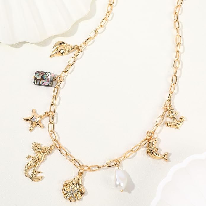 [3 Trendy Styles] Women's Necklaces - Alloy with Glass Crystals & Pearls, Electroplated O - Link Chain, Mermaid Inspired by Fantasy Aesthetics/Bow with Y2K Sweet Charm/Cherry Fruit in the Latest Kawaii Vibe, 47cm(18.5in) Chain Length + 6.5cm(2.55in) Ex...