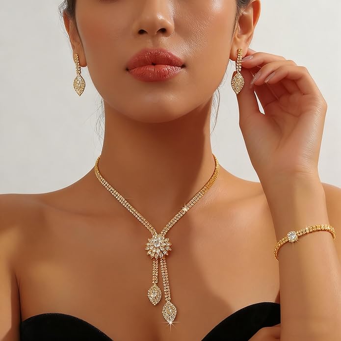 4 Pieces Cubic Zirconia Wedding Jewelry Sets for Bride Rhinestone Bridal Jewelry Set Necklace Bracelet Earring Ring for Brides Bridesmaid for Wedding Party