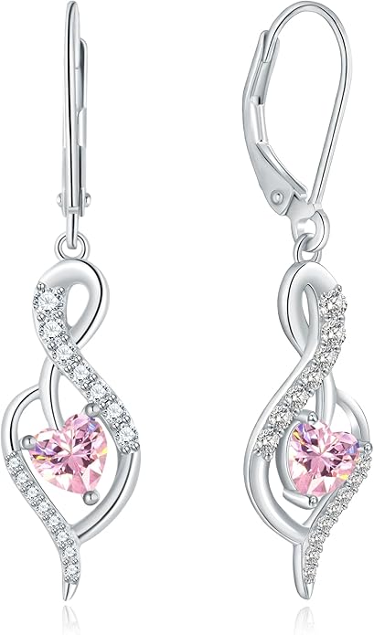 Infinity Heart Dangle Drop Earrings for Women, 925 Sterling Silver Birthstone Leverback Earrings, Birthday Anniversary Valentines Day Jewelry Gifts for Women Mom Her
