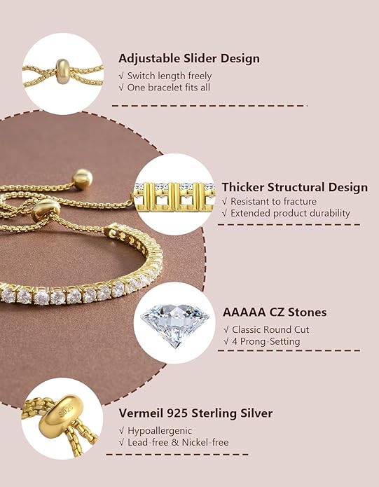 KRKC&CO Tennis Bracelet, Adjustable Length S925 Sterling Silver 2/3/4mm, Christmas Birthday Gifts for Her, Gift Box, Cubic Zirconia Bolo Bracelets for Women White/14K Gold Plated, Hypoallergenic