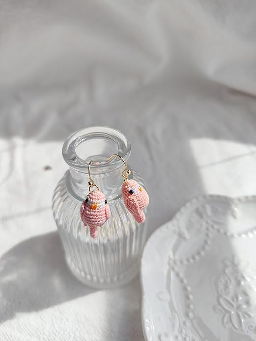 Hand-crocheted yellow and blue parrot earrings, miniature crocheted artistic cute playful parrot gifts accessories