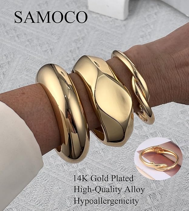 SAMOCO 3Pcs Chunky Gold Bangle Bracelets for Women Trendy Wide Wrist Cuff Bracelets Stack Statement Bangle Fashion Gifts