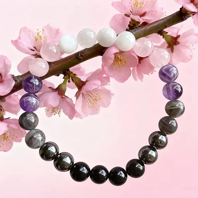 Valentines Days Gift Empath Protection Beaded Crystal Bracelet – Natural Stone Jewelry with Onyx, Amethyst, Labradorite, Rose Quartz & White Jade Easter Basket Christmas Baptism Birthday Healing Gifts