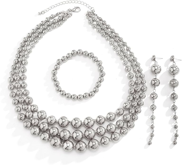 YBMYCM Gold-plated Beaded Jewelry Set Chunky Multi Strands Choker Necklace Bracelet Earrings Set for Women