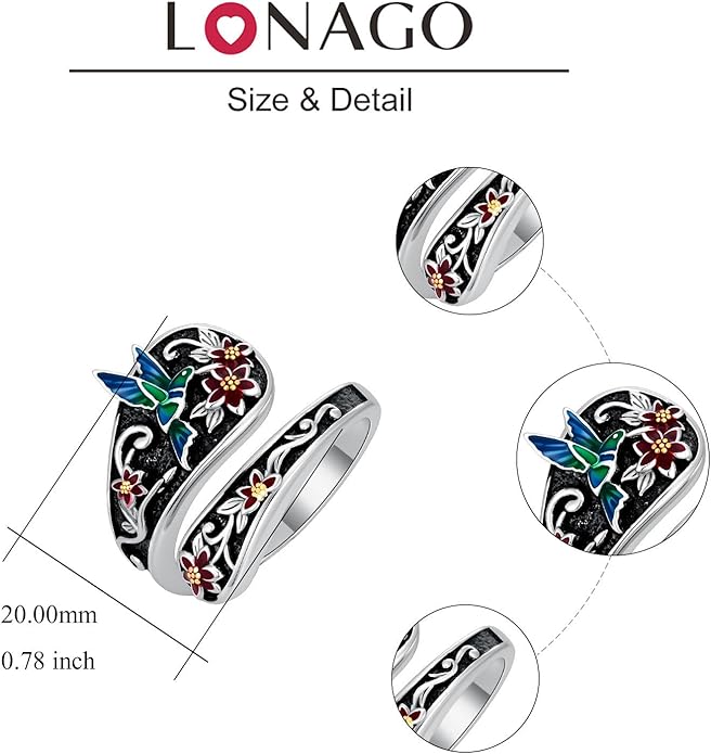 LOANGO Spoon Ring for Women 925 Sterling Silver Spoon Rings Adjustable Oxidized Vintage Thumb Rings Sunflower Hummingbird Butterfly Bee Cardinal Jewelry Gifts for Women Men