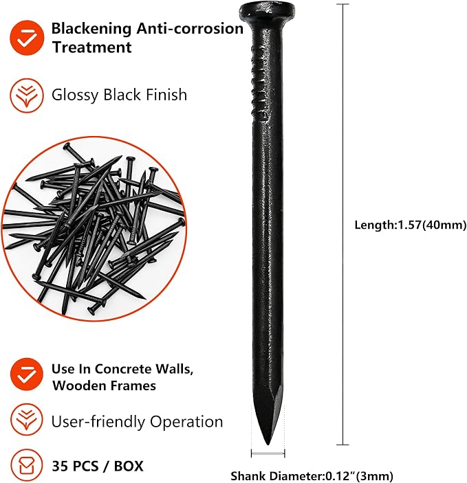 35Pcs 1-1/2 Inch Black Concrete Nails, Hardened Masonry Nails - Image 2