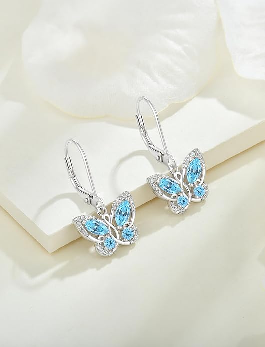 Starchenie Butterfly Earrings for Women 925 Sterling Silver Leverback Earrings Birthstone Butterfly Jewelry Gifts