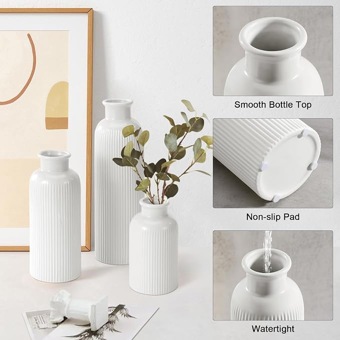 Small White Ceramic Vase Set of 3, Boho Modern White Flower Vase Room Decor - Image 5