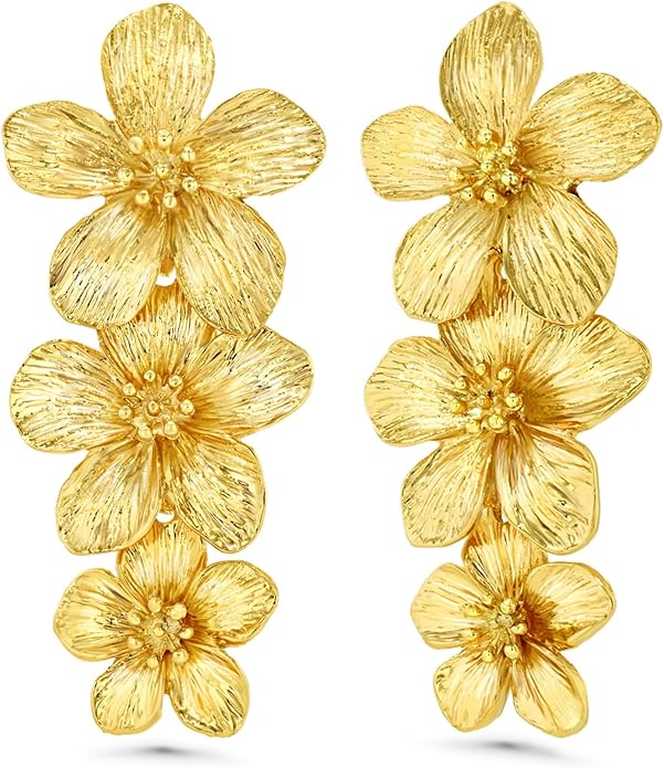 18K Gold Plated Large Chunky Flower Statement Earrings for Women by SNGIA, Summer Beach Floral Handmade Drop Jewelry, Maximalist Wedding Date Birthday Gift, Bold Exaggerated Textured Dangle Trendy Ribbed Jewelry, 18K Gold Plated Chandelier Fashion Acce...
