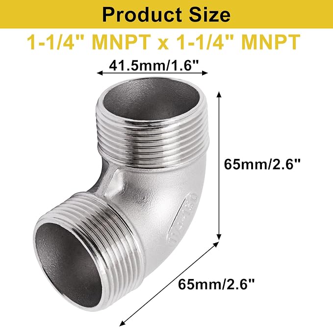 90 Degree Elbow 1PCS, 1-1/4" NPT Male X 1-1/4" NPT Male 304 Stainless Steel - Image 2
