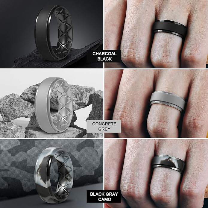 Egnaro Men's Rings 8.5mm Wide-2mm Thick Inner Arc Ergonomic Breathable Rubber Wedding bands-Hypoallergenic for Gym/Outdoor/Gift((1-7 Variety Pack with Half Size)