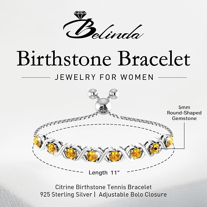 Birthstone Bangle Bracelet for Women Classic Beautiful 925 Sterling Silver Sparkling Gemstone XO Bolo Tennis Bracelet Fine Wrist Jewelry 4.2 Ct, 11"
