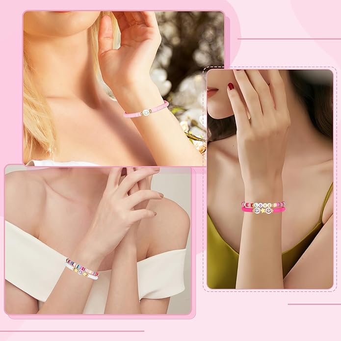 Preppy Bracelets Set Colorful White Gold Smile Heart Star Polymer Beaded Pearl Clay Stackable Charm Y2K Kidcore Aesthetic Summer Beach Bohemian Stretch Layering Bracelets Jewelry for Girls Women Teens