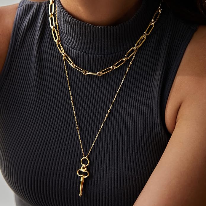 Dainty Layered Choker Necklace 18k gold Plated Y Pendant Commemorative coin Necklace Multilayer Bar Disc Necklace Adjustable Layering Choker Necklaces fashion jewelry for Women Girls